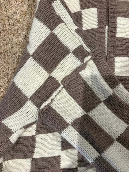 Chunky Checkerboard Cardigan Sweater - Brown & Cream - Picture 2 of 3